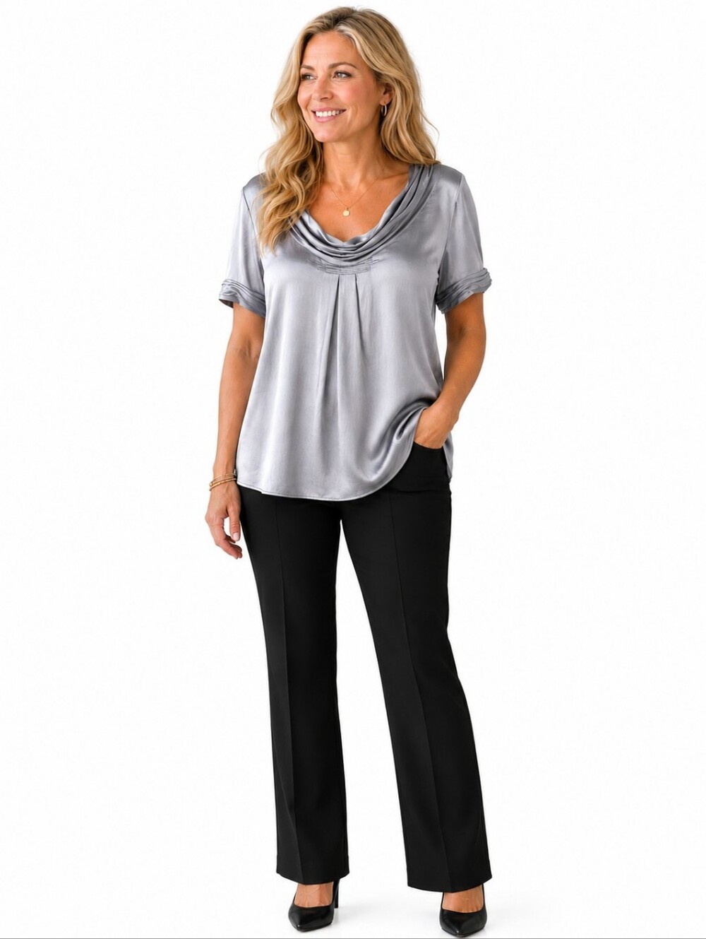 Dujour Slate Blue Shiny Blouse with Pleated Neckline, Size Large